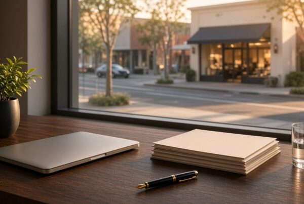 Office desk overlooking a small business storefront, representing an E-2 treaty investor business plan.