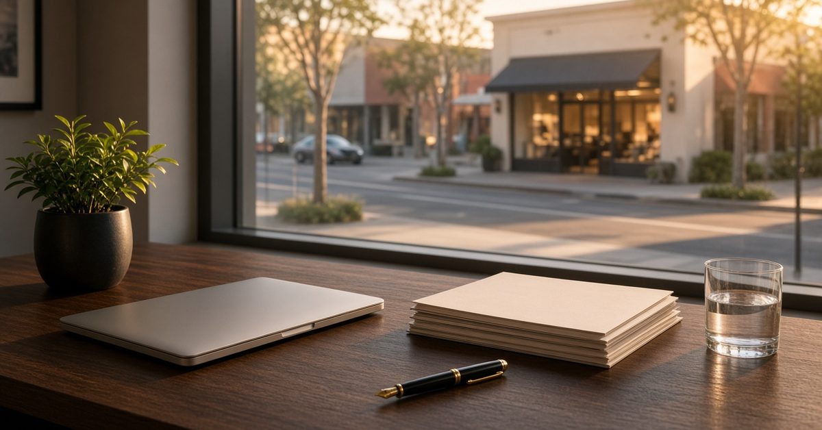 Office desk overlooking a small business storefront, representing an E-2 treaty investor business plan.